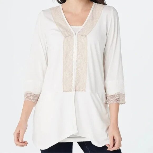 LOGO By Lori Goldstein Embroidered Lace Front Hook Closure Tunic Top NWOT XL - Picture 1 of 13